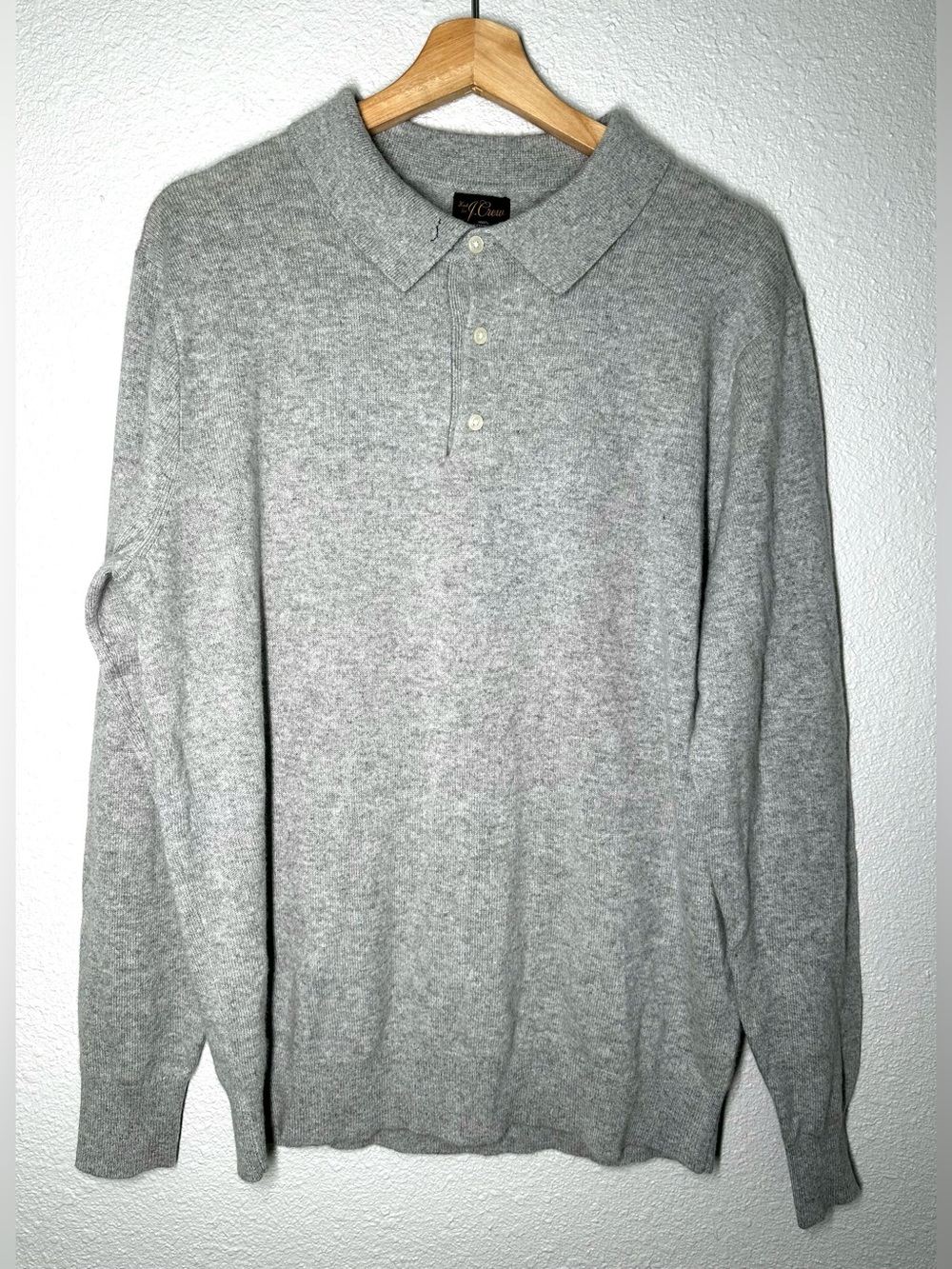 NWT J.Crew Mens 100% Cashmere Long Sleeve Polo Sweater Grey Size Large- 2 Holes